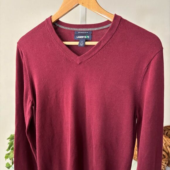 Lands' End Men's Burgundy Sweater size small v neck long sleeve sweater Pima - Picture 3 of 6